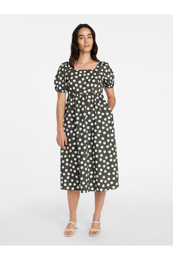 Women's and Women's Plus Cotton Back Tie Midi Dress with Short Puff Sleeves, Sizes XS-4X