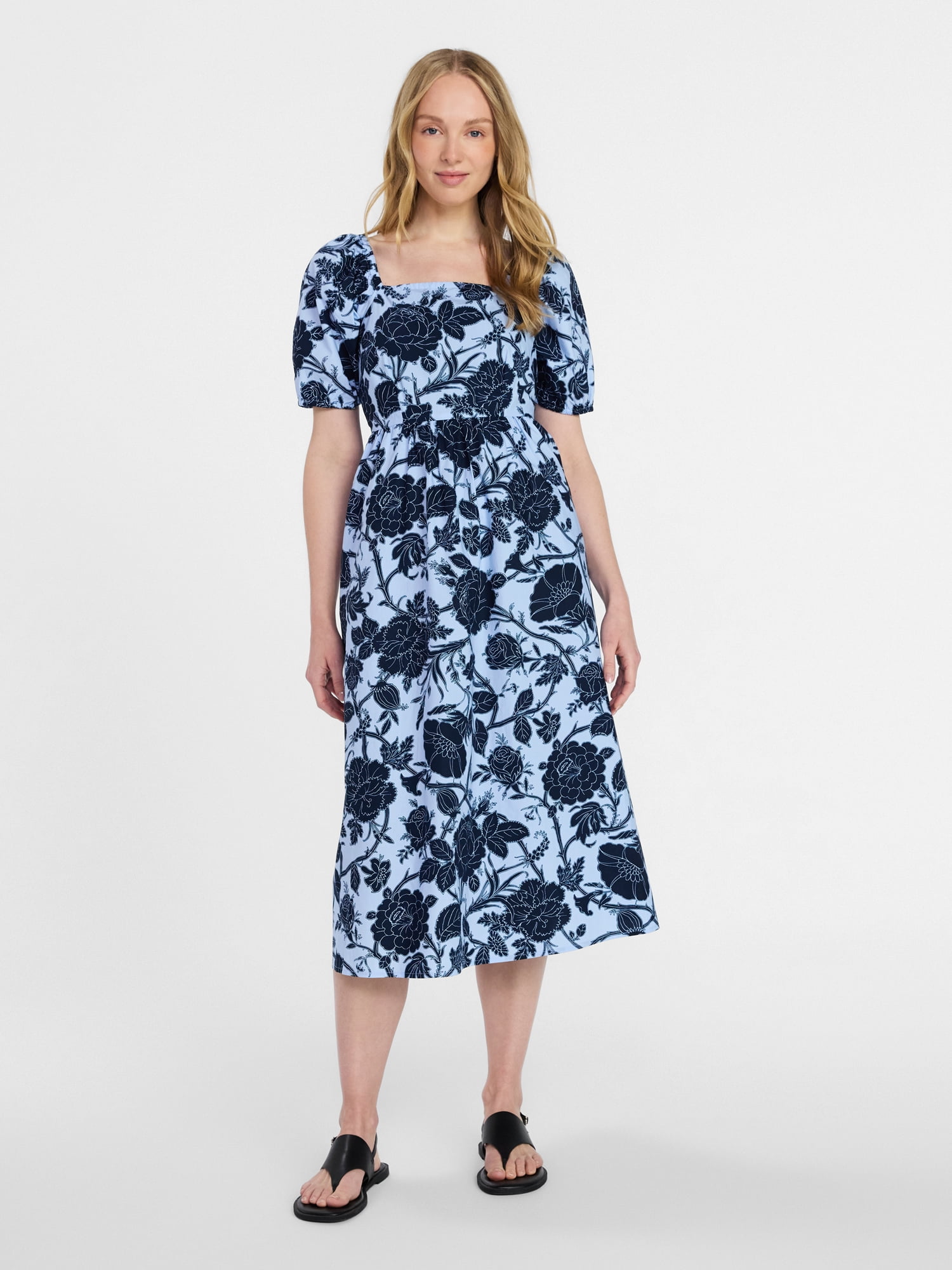 Time and Tru Women's and Women's Plus Cotton Back Tie Midi Dress with Short Puff Sleeves, Sizes XS-4X