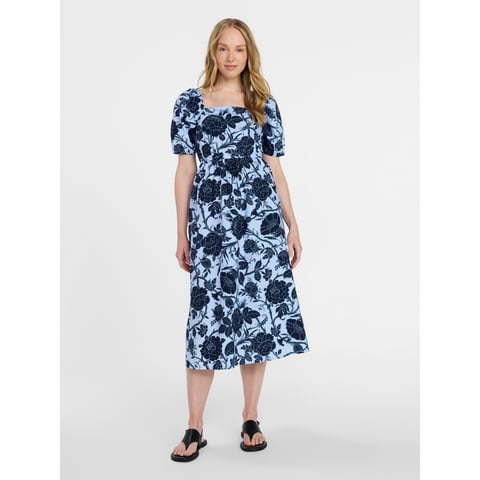 Time and Tru Women's and Women's Plus Cotton Back Tie Midi Dress with Short Puff Sleeves, Sizes XS-4X