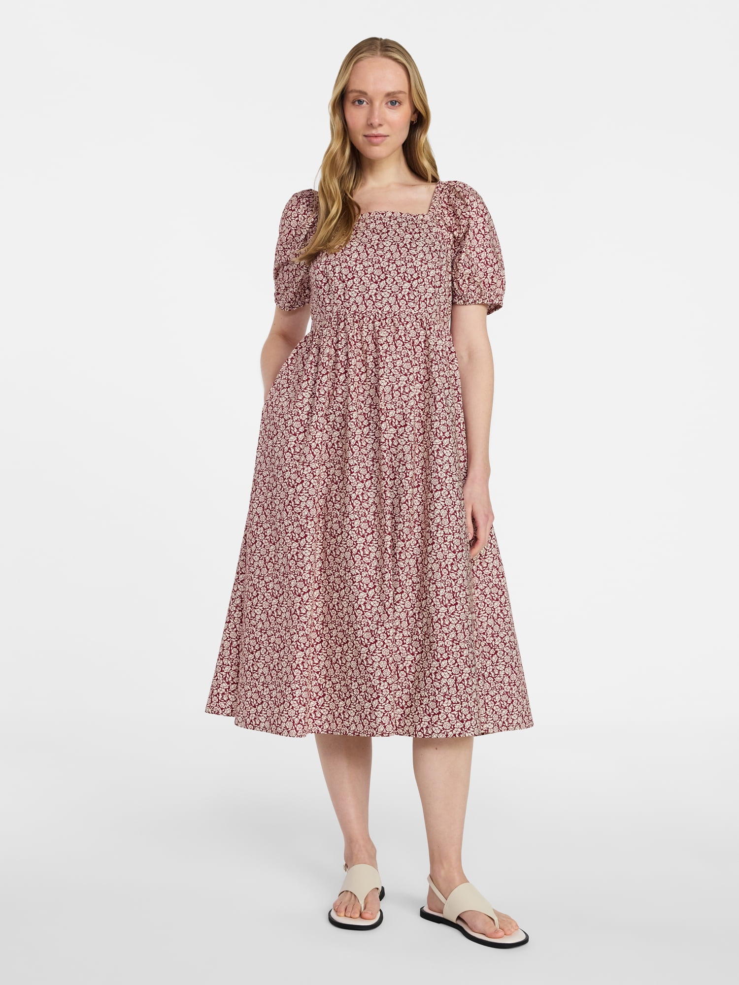 Time and Tru Women's and Women's Plus Cotton Back Tie Midi Dress with Short Puff Sleeves, Sizes XS-4X