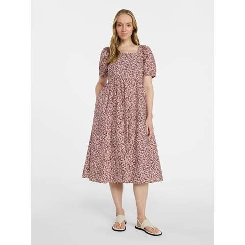 Women's and Women's Plus Cotton Back Tie Midi Dress with Short Puff Sleeves, Sizes XS-4X