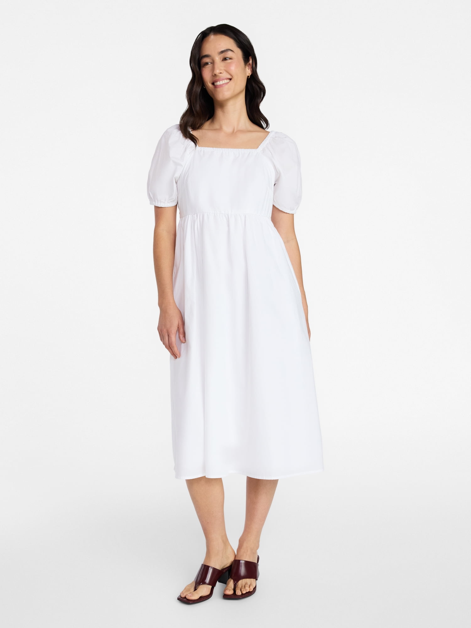 Time and Tru Women's and Women's Plus Cotton Back Tie Midi Dress with Short Puff Sleeves, Sizes XS-4X