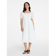 Women's and Women's Plus Cotton Back Tie Midi Dress with Short Puff Sleeves, Sizes XS-4X