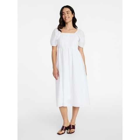 Women's and Women's Plus Cotton Back Tie Midi Dress with Short Puff Sleeves, Sizes XS-4X