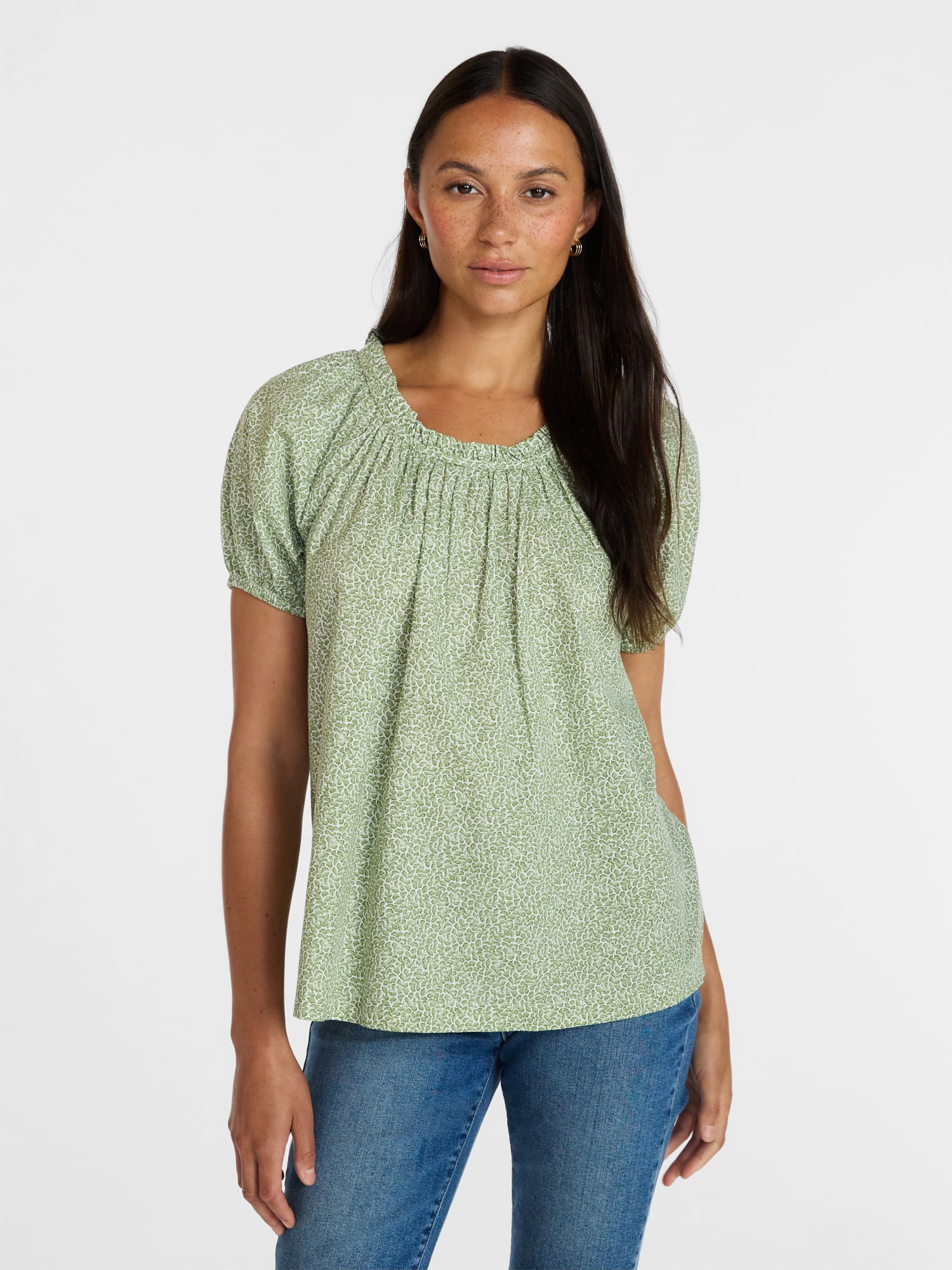 Time and Tru Women's Ruffle Neck Cotton Top with Short Puff Sleeves, Sizes XS-XXXL