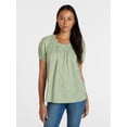 thumbnail image 1 of Time and Tru Women's Ruffle Neck Cotton Top with Short Puff Sleeves, Sizes XS-XXXL, 1 of 6