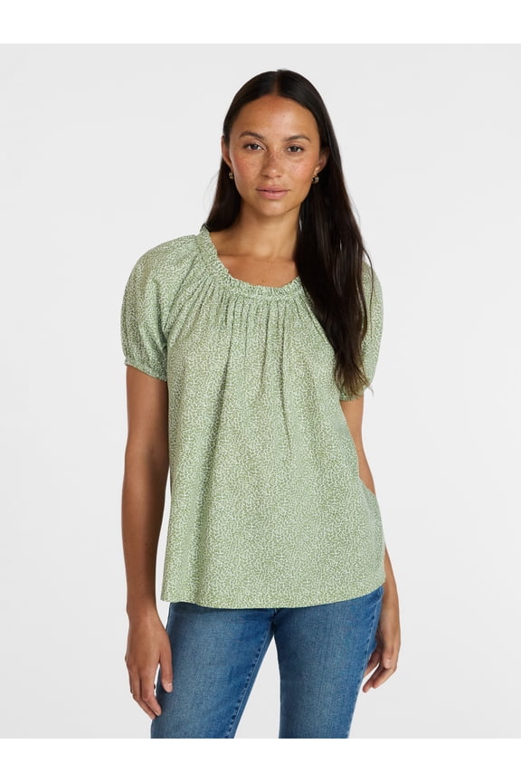 Women's Ruffle Neck Cotton Top with Short Puff Sleeves, Sizes XS-XXXL