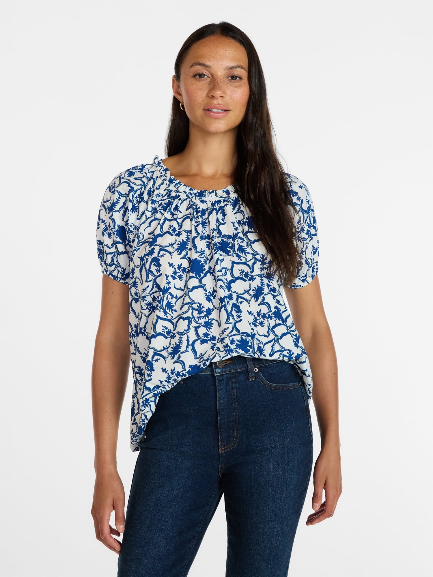 Time and Tru Women's Ruffle Neck Cotton Top with Short Puff Sleeves, Sizes XS-XXXL