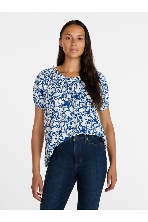 Women's Ruffle Neck Cotton Top with Short Puff Sleeves, Sizes XS-XXXL