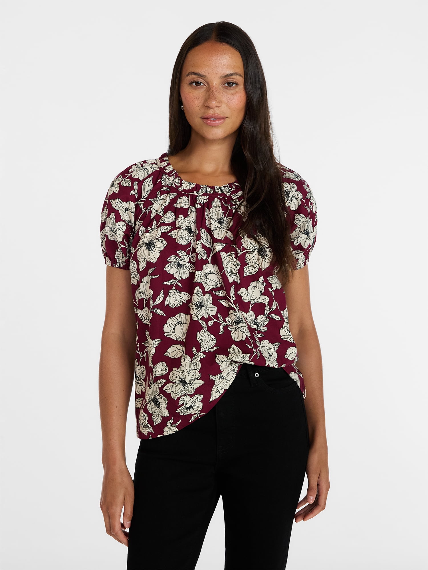 Time and Tru Women's Ruffle Neck Cotton Top with Short Puff Sleeves, Sizes XS-XXXL