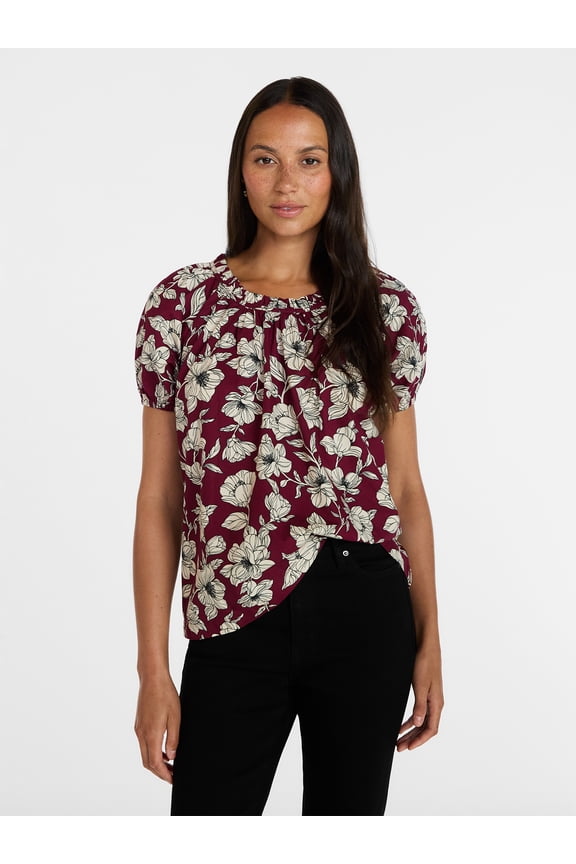 Women's Ruffle Neck Cotton Top with Short Puff Sleeves, Sizes XS-XXXL