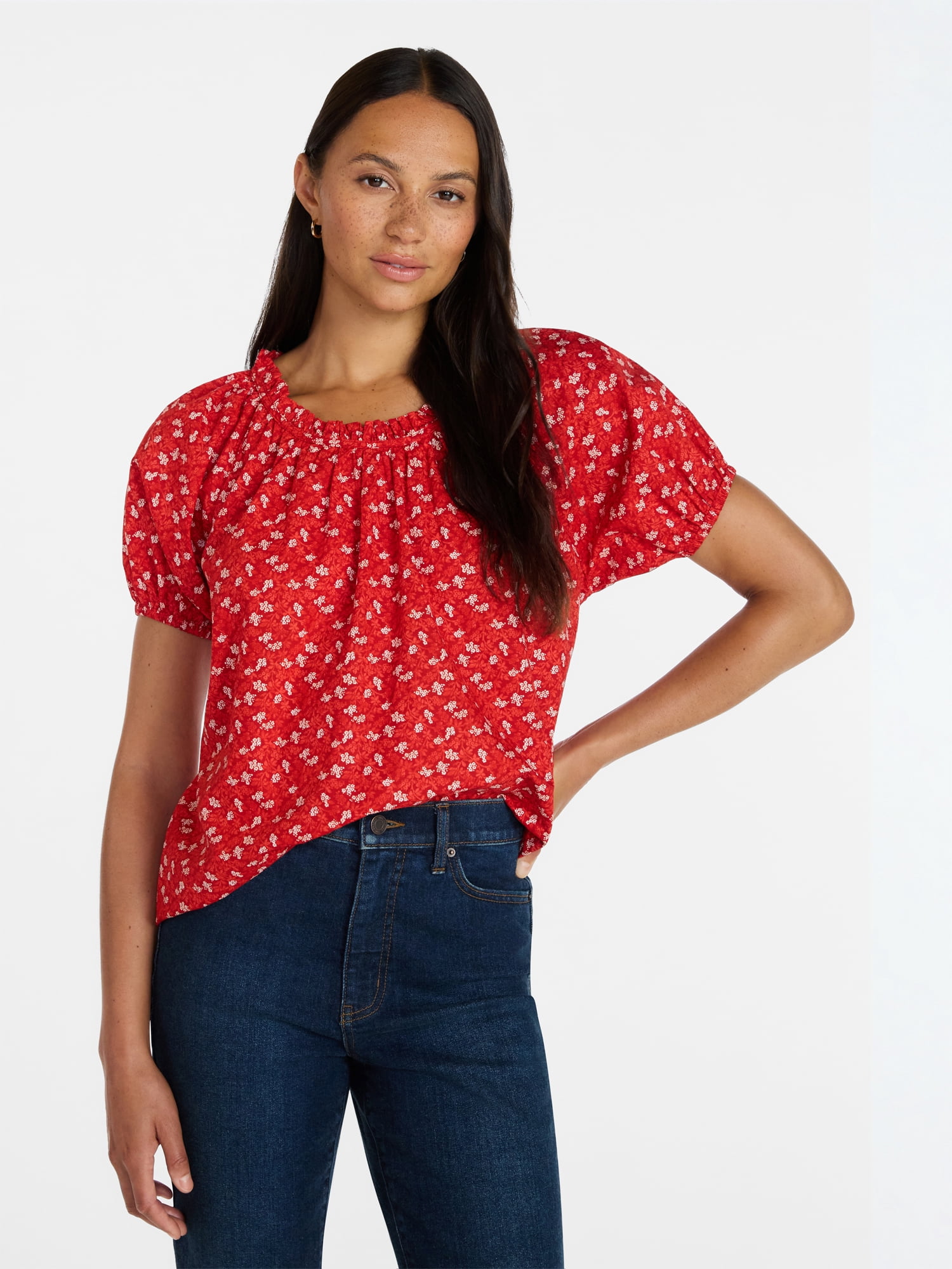 Time and Tru Women's Ruffle Neck Cotton Top with Short Puff Sleeves, Sizes XS-XXXL