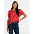 thumbnail image 1 of Time and Tru Women's Ruffle Neck Cotton Top with Short Puff Sleeves, Sizes XS-XXXL, 1 of 6