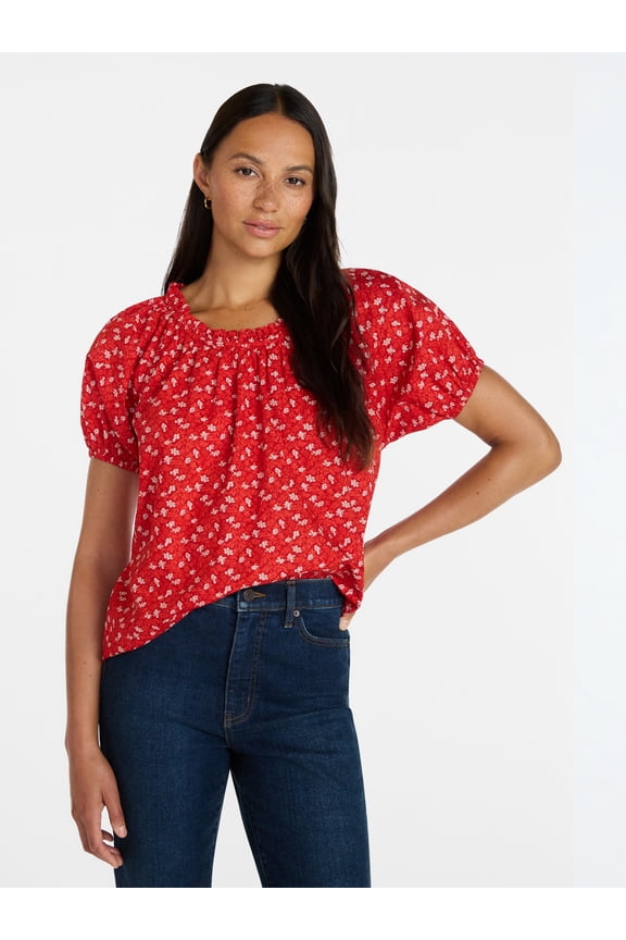 Women's Ruffle Neck Cotton Top with Short Puff Sleeves, Sizes XS-XXXL