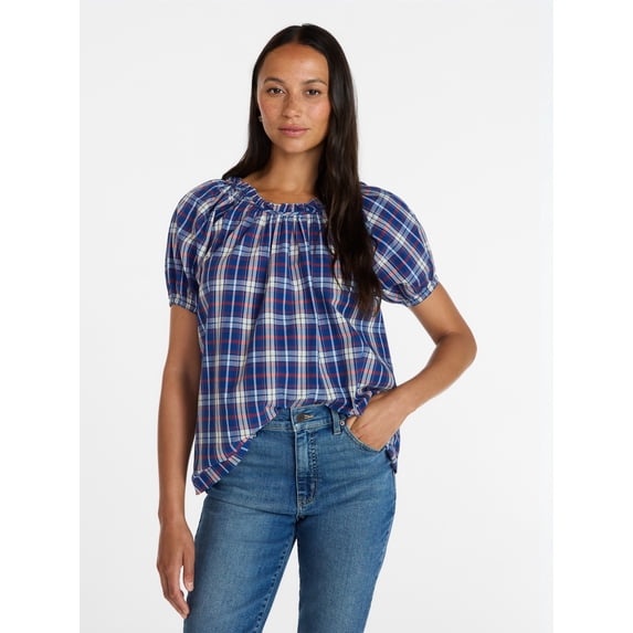 Time and Tru Women's Ruffle Neck Cotton Top with Short Puff Sleeves, Sizes XS-XXXL