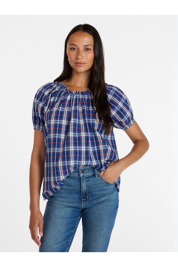 Women's Ruffle Neck Cotton Top with Short Puff Sleeves, Sizes XS-XXXL