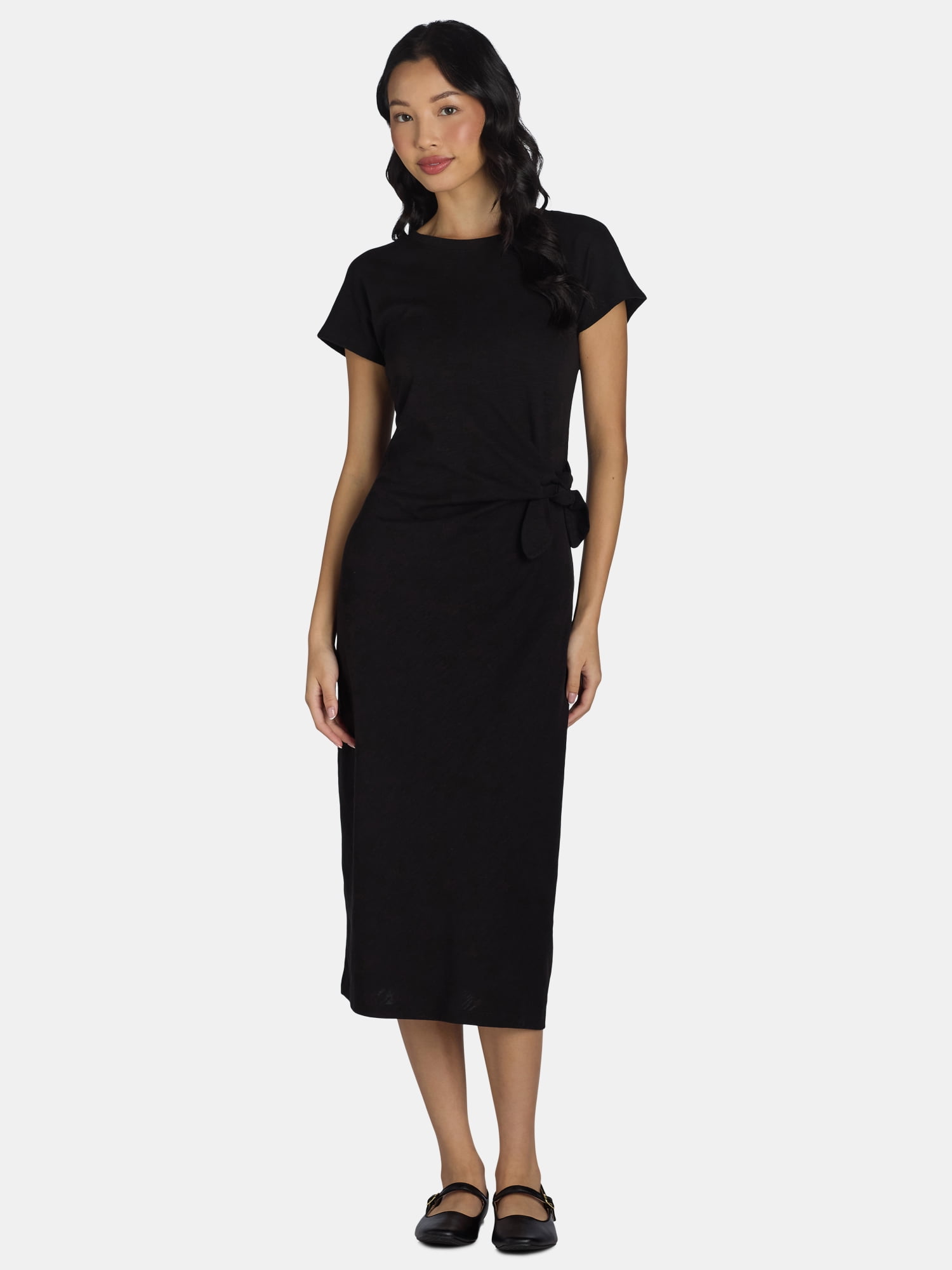 Time and Tru Women's and Women's Plus Side Tie Midi Dress with Short Sleeves, Sizes XS-4X