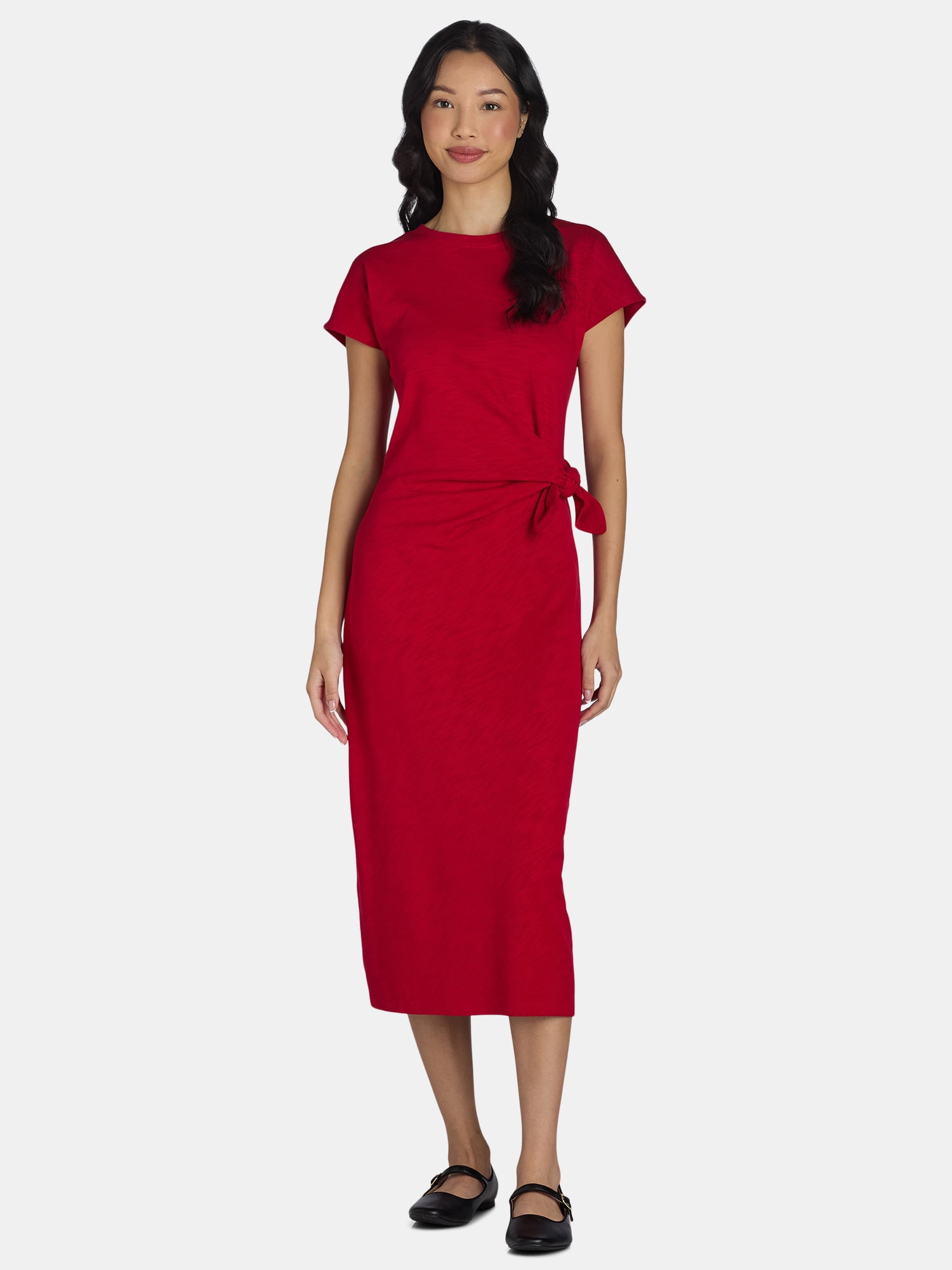 Time and Tru Women's and Women's Plus Side Tie Midi Dress with Short Sleeves, Sizes XS-4X