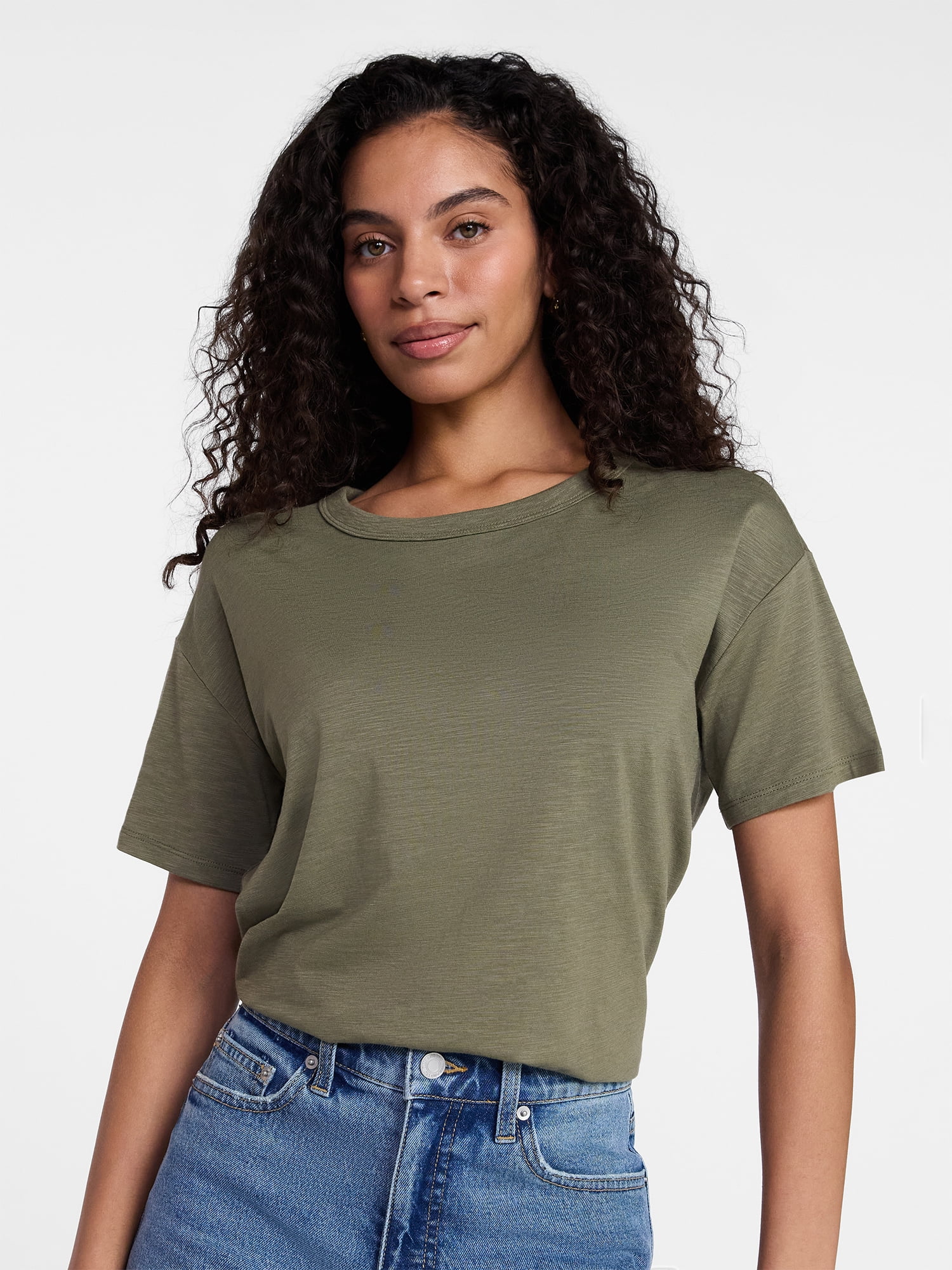 Time and Tru Women's Boxy Slub Tee with Short Sleeves, Sizes XS-XXXL