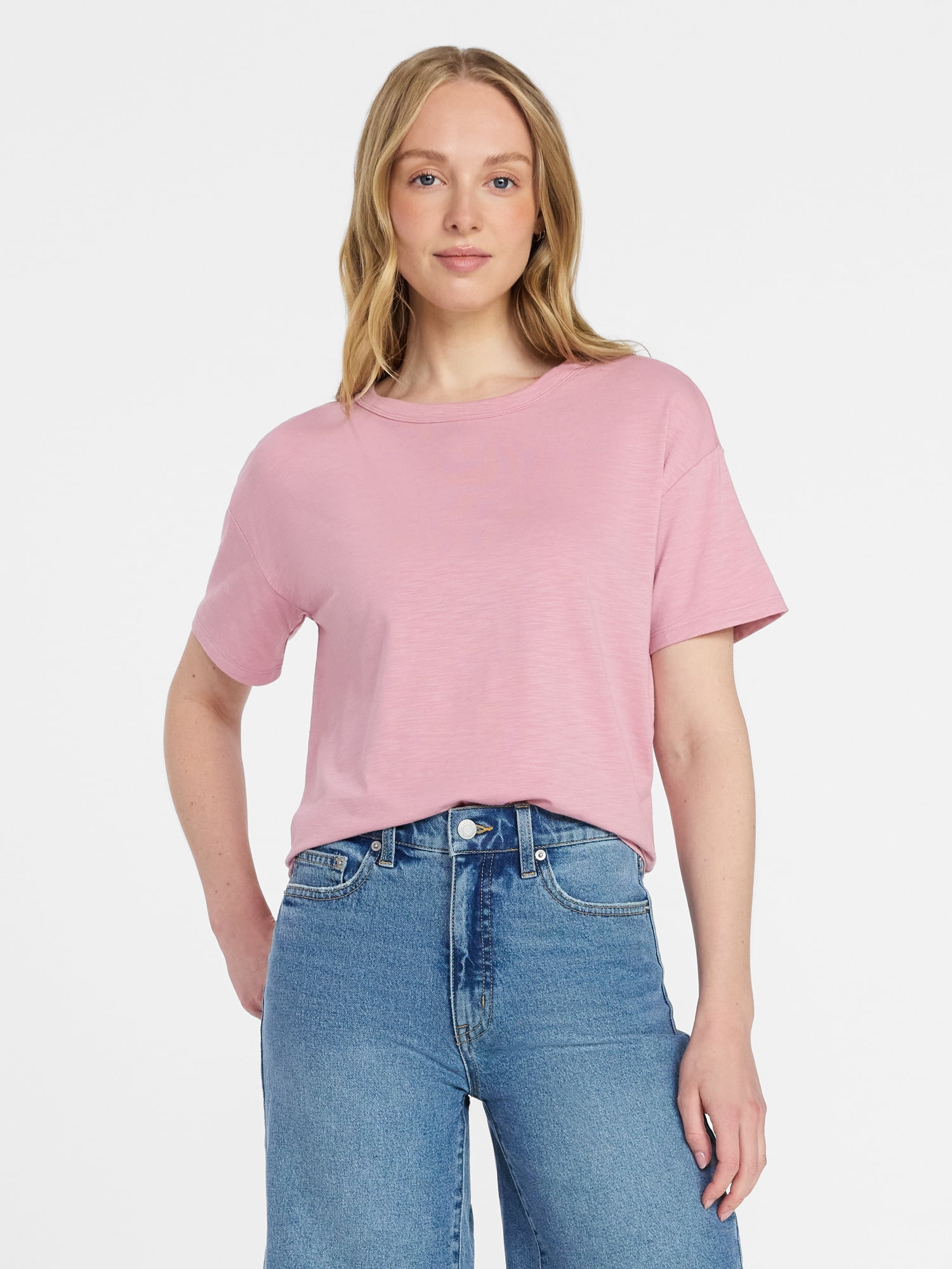 Time and Tru Women's Boxy Slub Tee with Short Sleeves, Sizes XS-XXXL