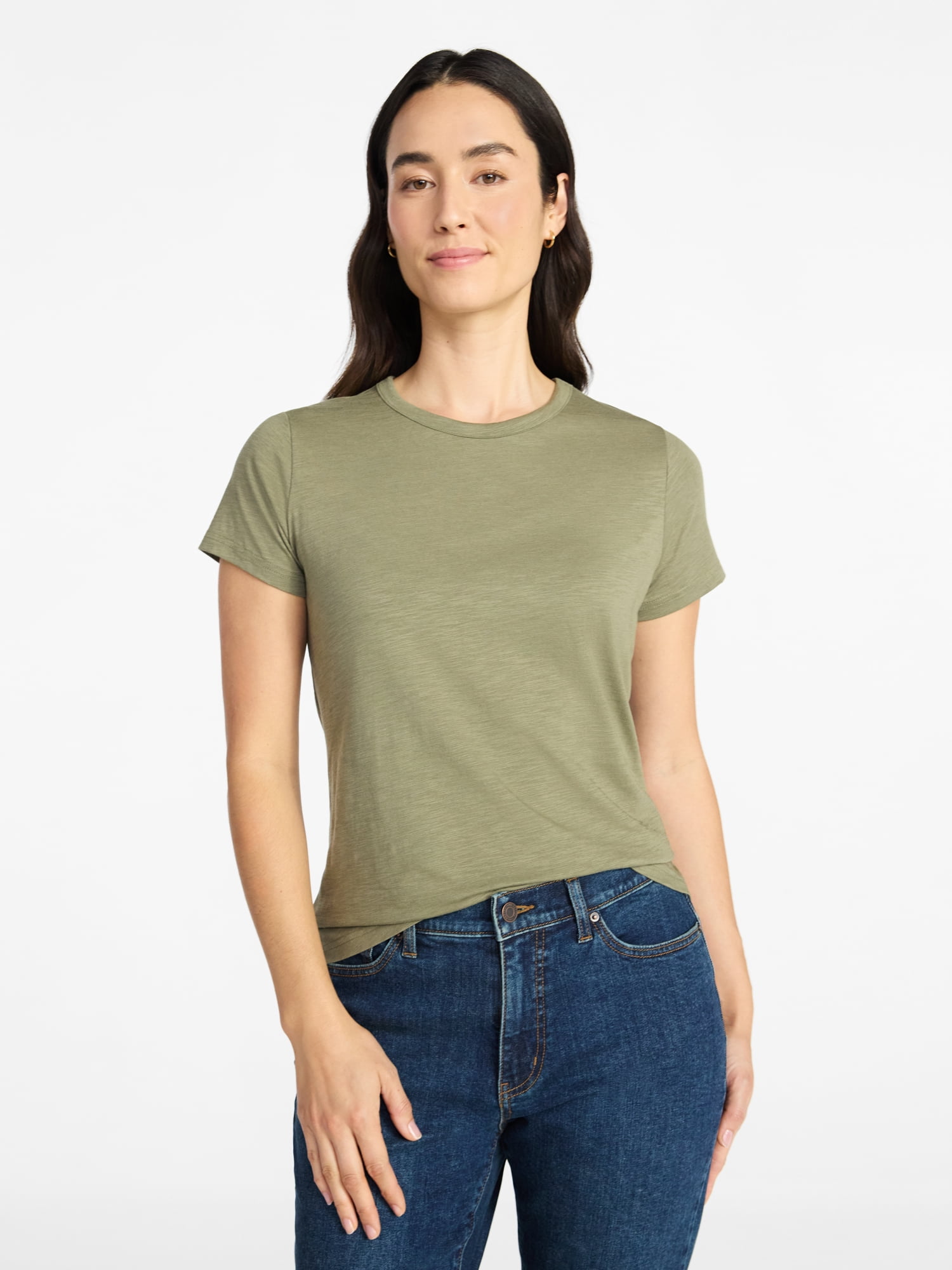 Time and Tru Women's Slub Crewneck Tee with Short Sleeves, Sizes XS-XXXL