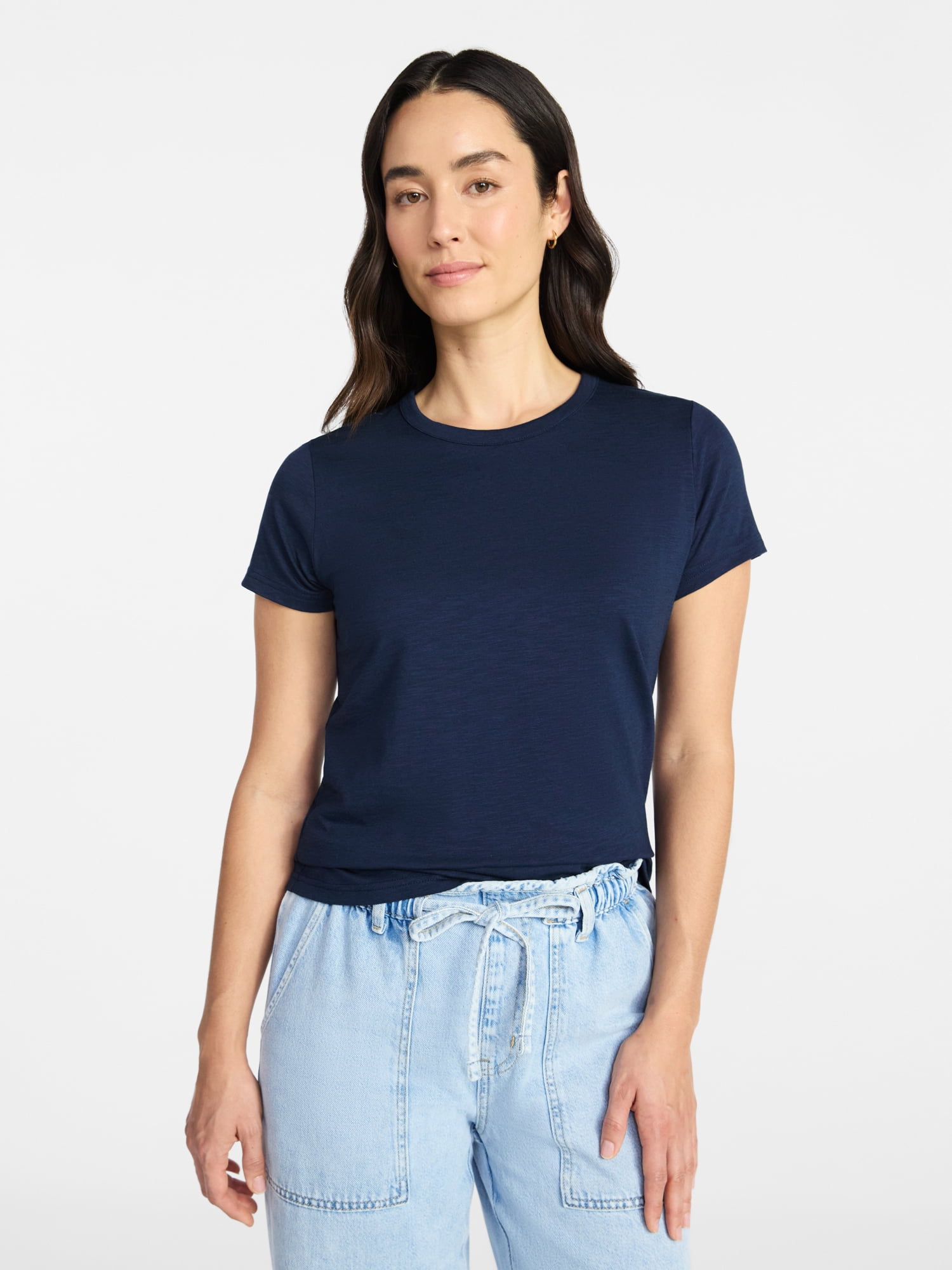 Time and Tru Women's Slub Crewneck Tee with Short Sleeves, Sizes XS-XXXL