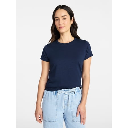 Time and Tru Women's Slub Crewneck Tee with Short Sleeves, Sizes 1X-4X