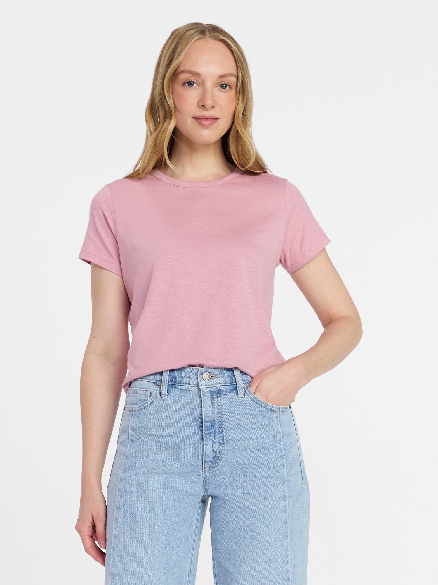 Time and Tru Women's Slub Crewneck Tee with Short Sleeves, Sizes XS-XXXL