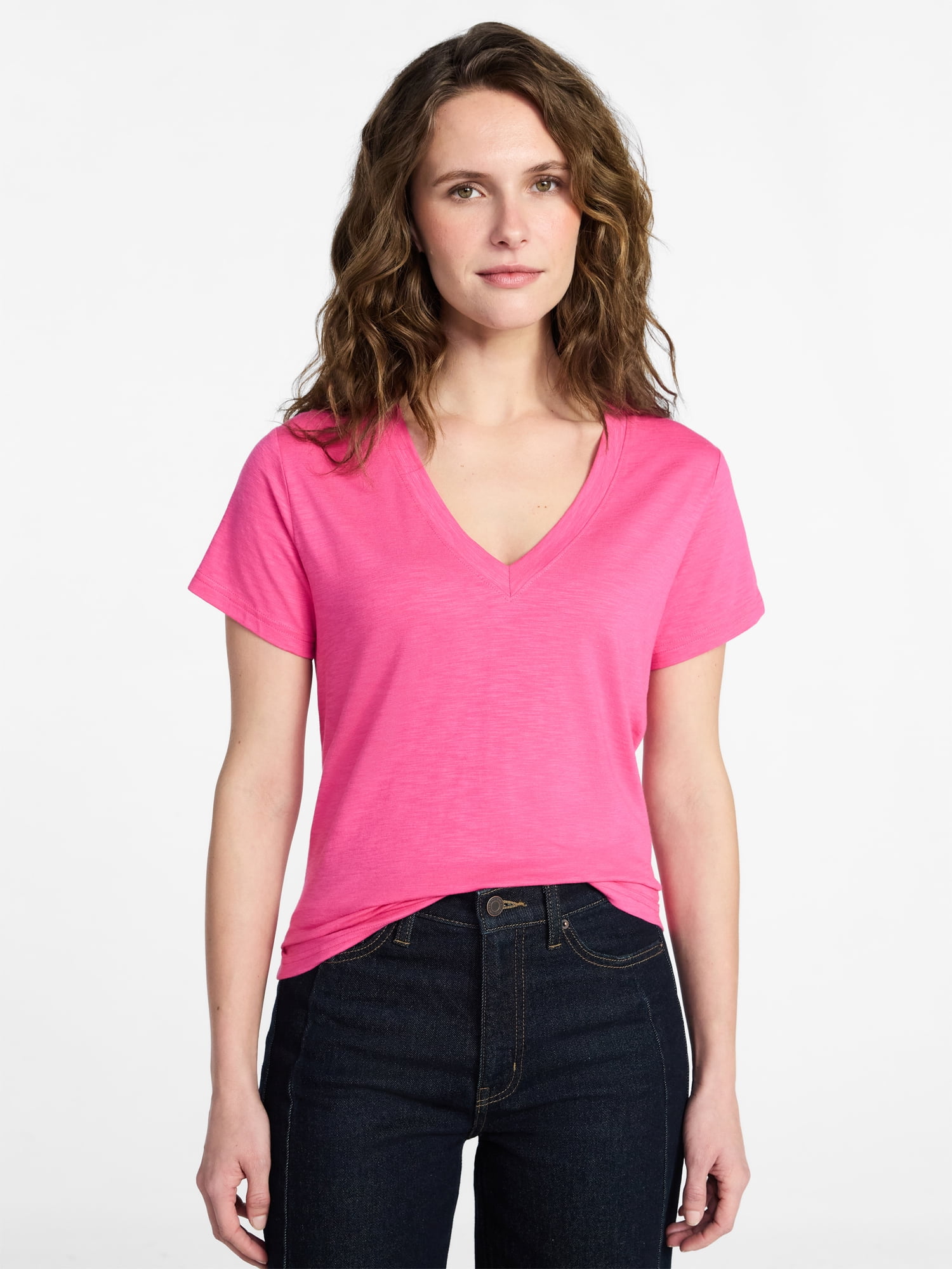 Time and Tru Women’s V-neck Slub Tee with Short Sleeves, Sizes 1X-4X