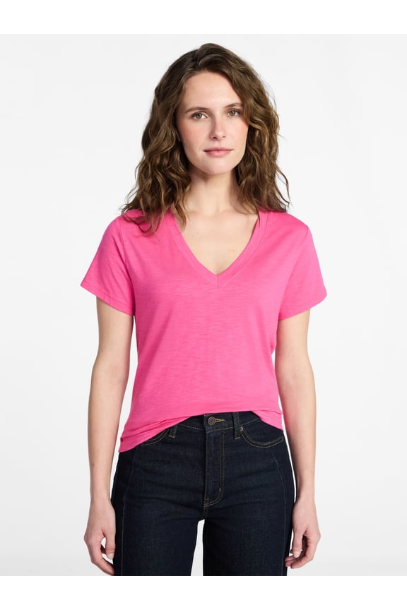 Women’s V-neck Slub Tee with Short Sleeves, Sizes 1X-4X