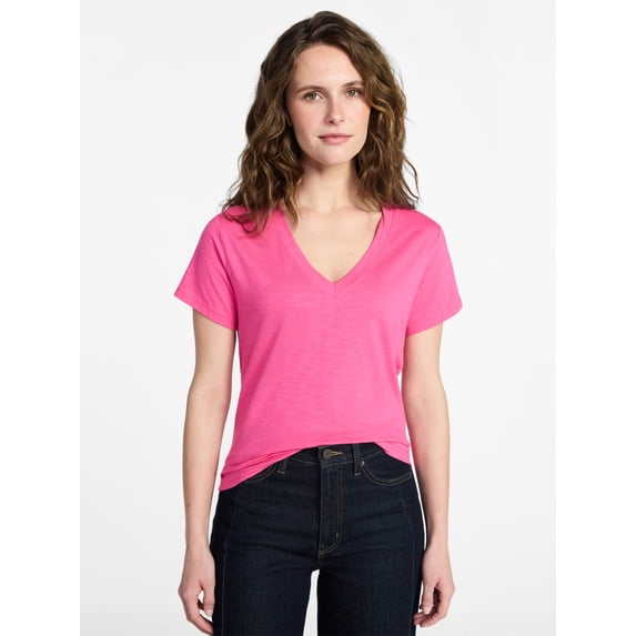 Time and Tru Women's Slub V Neck Tee with Short Sleeves, Sizes XS-XXXL