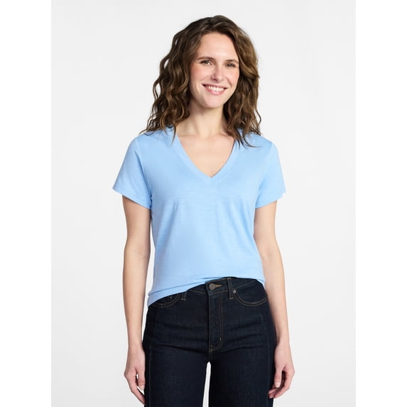 Time and Tru Women's Slub V Neck Tee with Short Sleeves, Sizes XS-XXXL