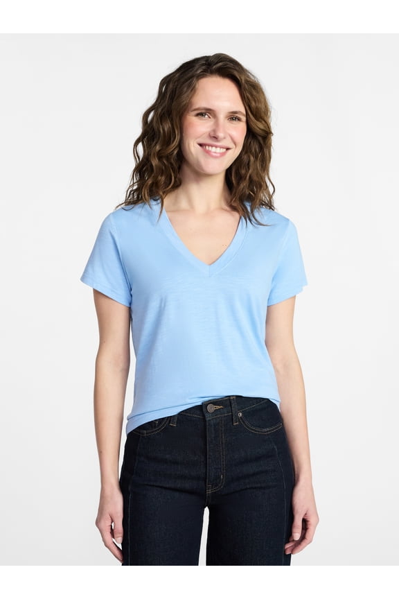Women's Slub V Neck Tee with Short Sleeves, Sizes XS-XXXL