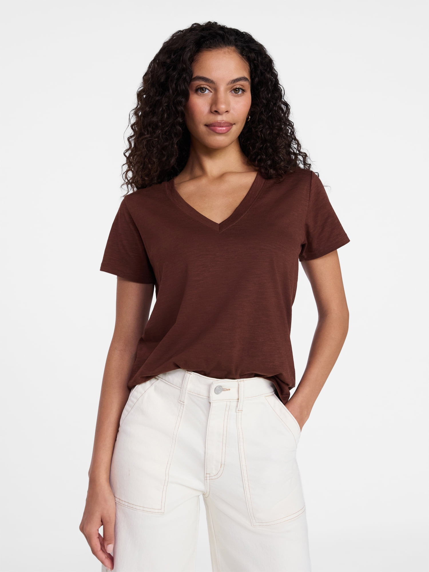 Time and Tru Women's Slub V Neck Tee with Short Sleeves, Sizes XS-XXXL