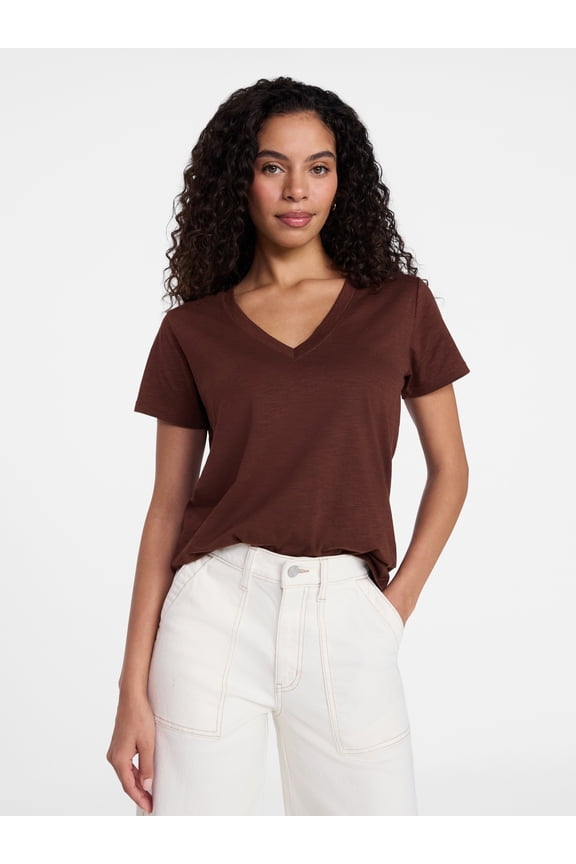 Women's Slub V Neck Tee with Short Sleeves, Sizes XS-XXXL