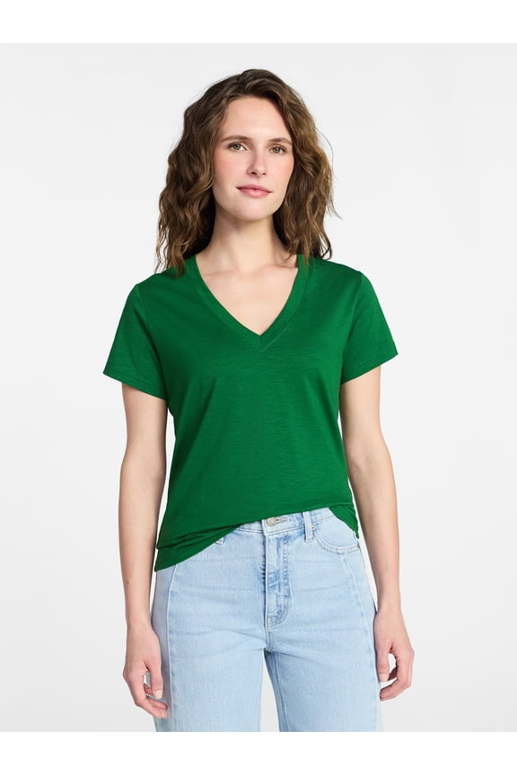 Women's Slub V Neck Tee with Short Sleeves, Sizes XS-XXXL