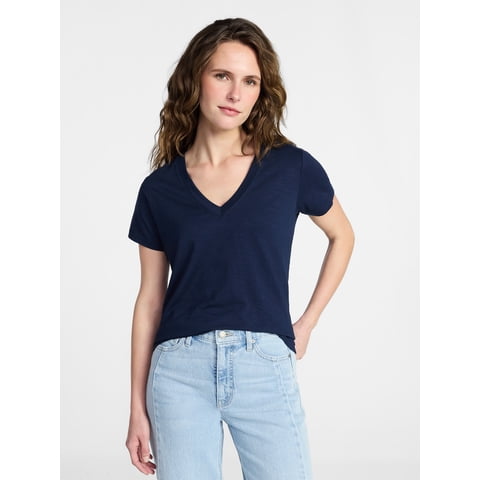 Women's Slub V Neck Tee with Short Sleeves, Sizes XS-XXXL