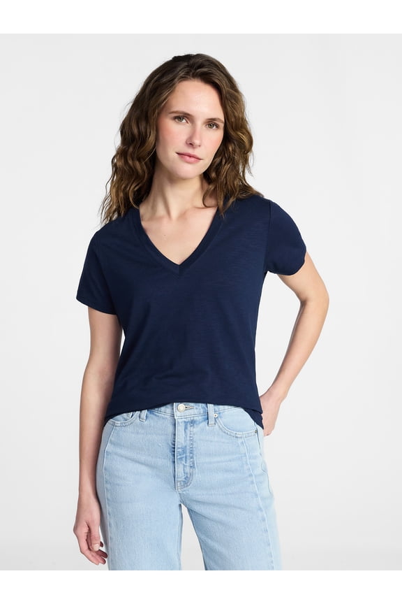 Women's Slub V Neck Tee with Short Sleeves, Sizes XS-XXXL