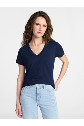 Women's Short Sleeve Slub V-Neck Tee, Sizes XS-XXXL