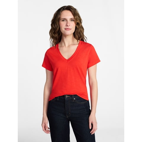 Women's Slub V Neck Tee with Short Sleeves, Sizes XS-XXXL