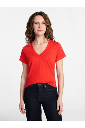 Women's Slub V-Neck Tee with Short Sleeves, Sizes XS-XXXL