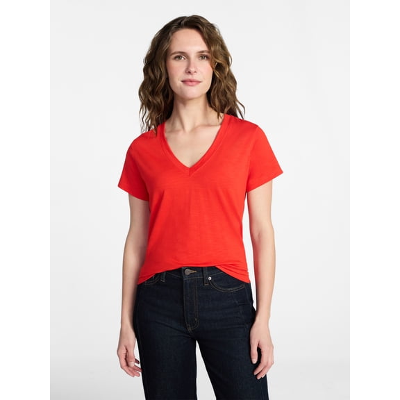 Time and Tru Women's Slub V Neck Tee with Short Sleeves, Sizes XS-XXXL