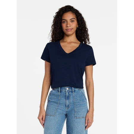 Time and Tru Women's V-Neck Slub Tee with Short Sleeves, Sizes 1X-4X