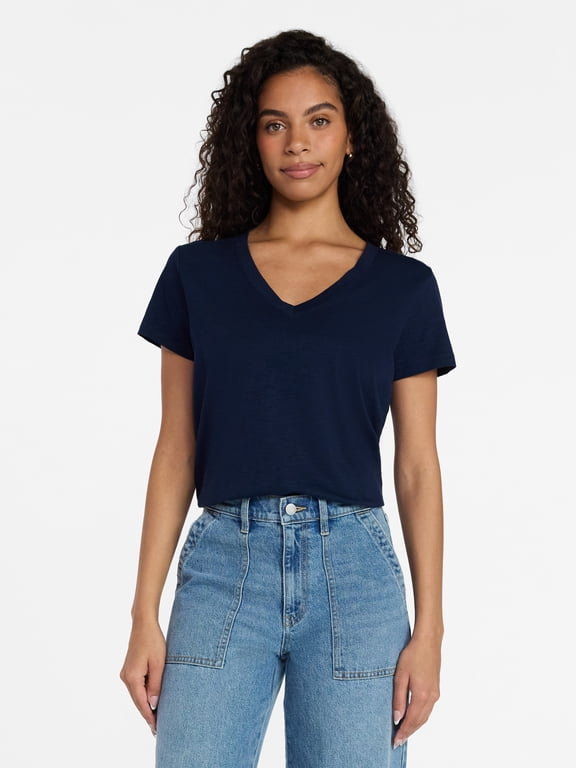 Women’s V-Neck Slub Tee with Short Sleeves, Sizes XS-XXXL