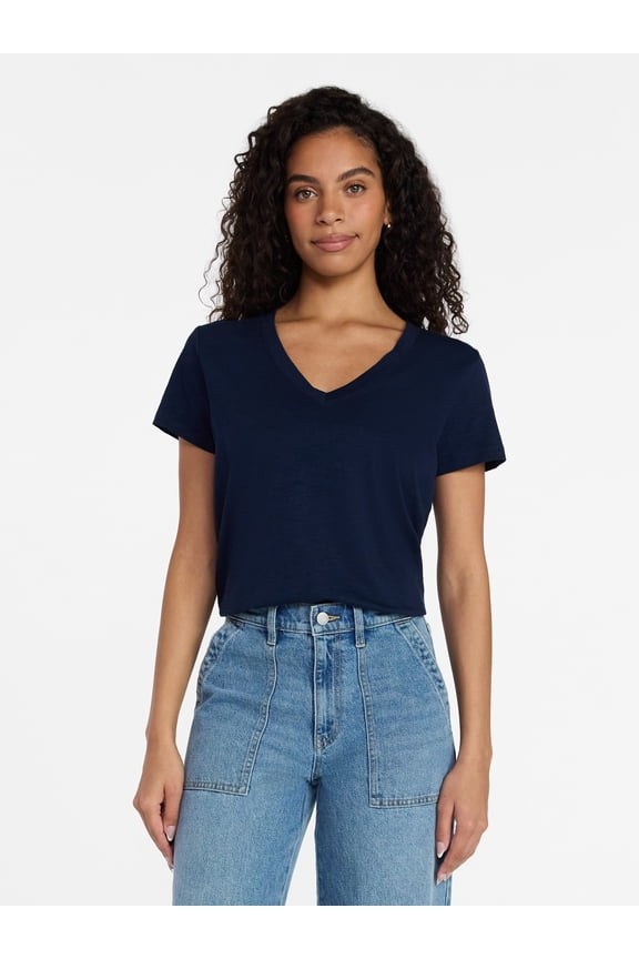 Women’s V-neck Slub Tee with Short Sleeves, Sizes 1X-4X