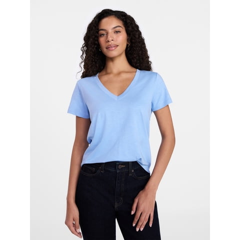 Women's Slub V-Neck Tee with Short Sleeves, Sizes XS-XXXL