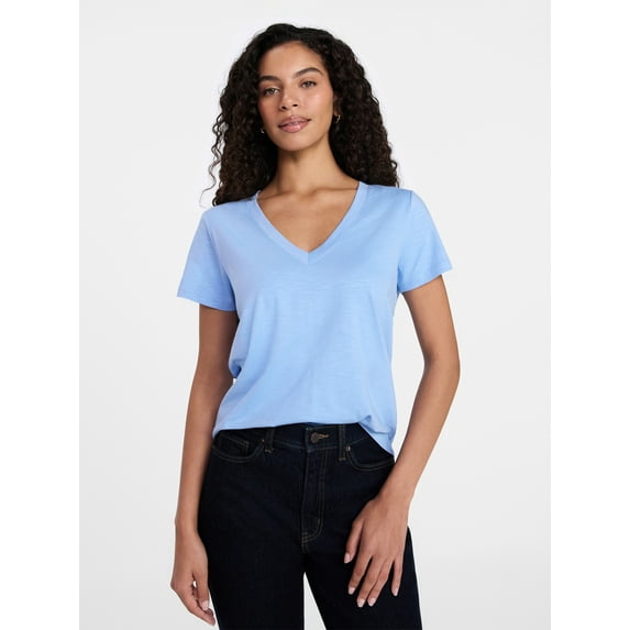 Time and Tru Women's Slub V Neck Tee with Short Sleeves, Sizes XS-XXXL