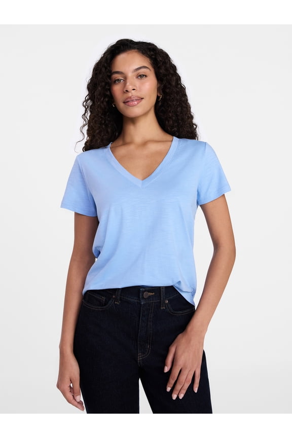 Women's Slub V Neck Tee with Short Sleeves, Sizes XS-XXXL
