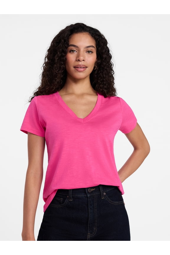 Women's Slub V Neck Tee with Short Sleeves, Sizes XS-XXXL