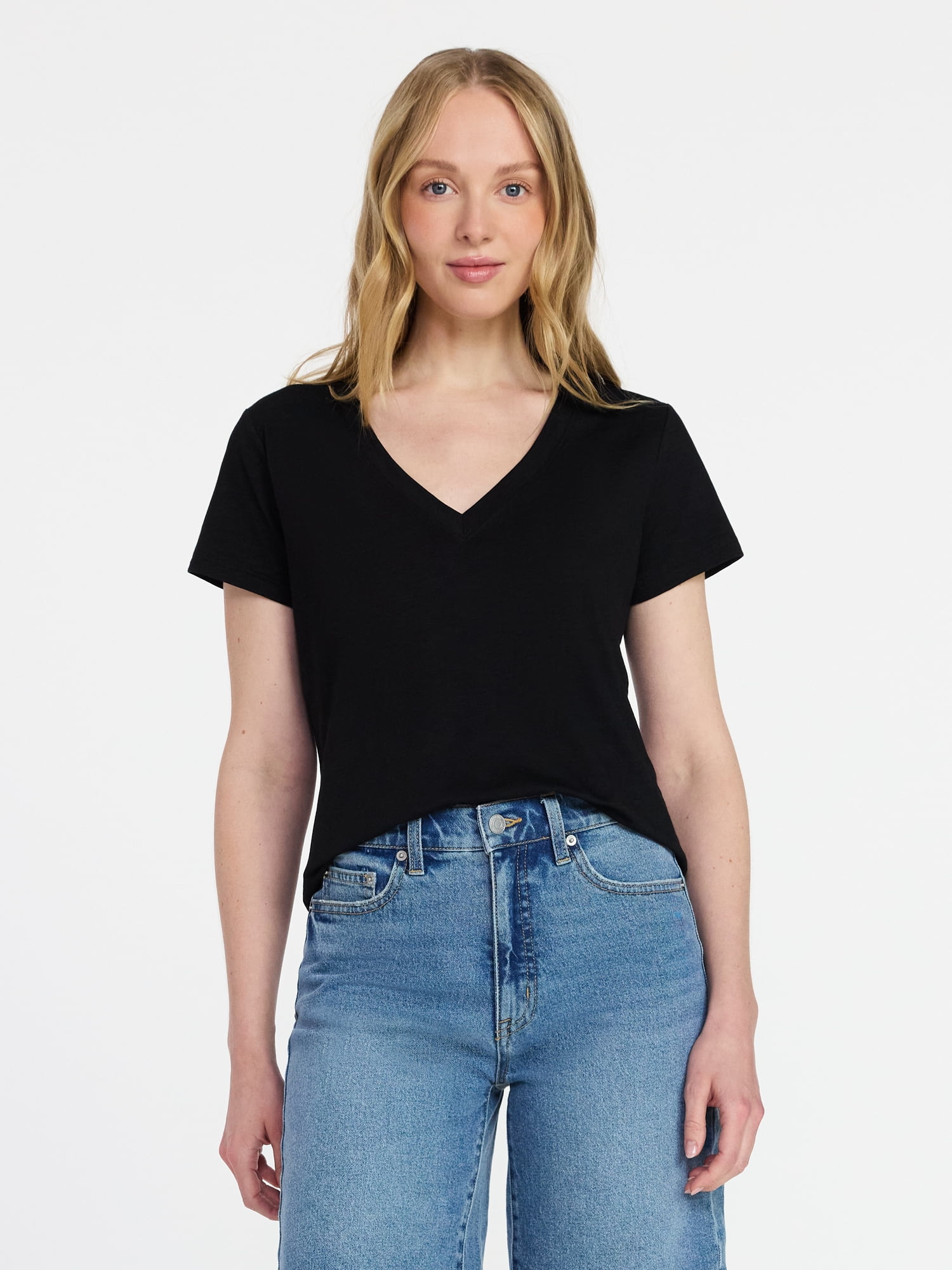 Time and Tru Women's Slub V Neck Tee with Short Sleeves, Sizes XS-XXXL